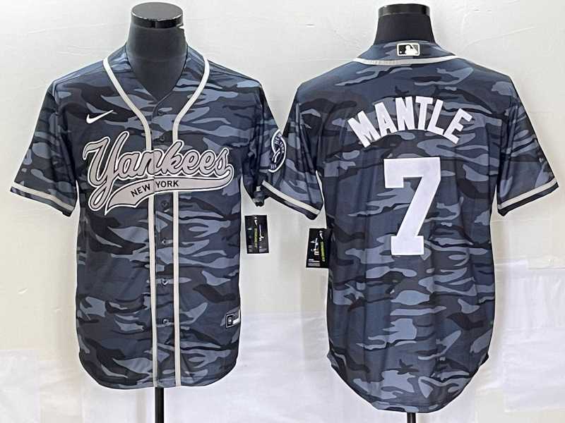 Mens New York Yankees #7 Mickey Mantle Grey Camo Cool Base With Patch Stitched Baseball Jersey